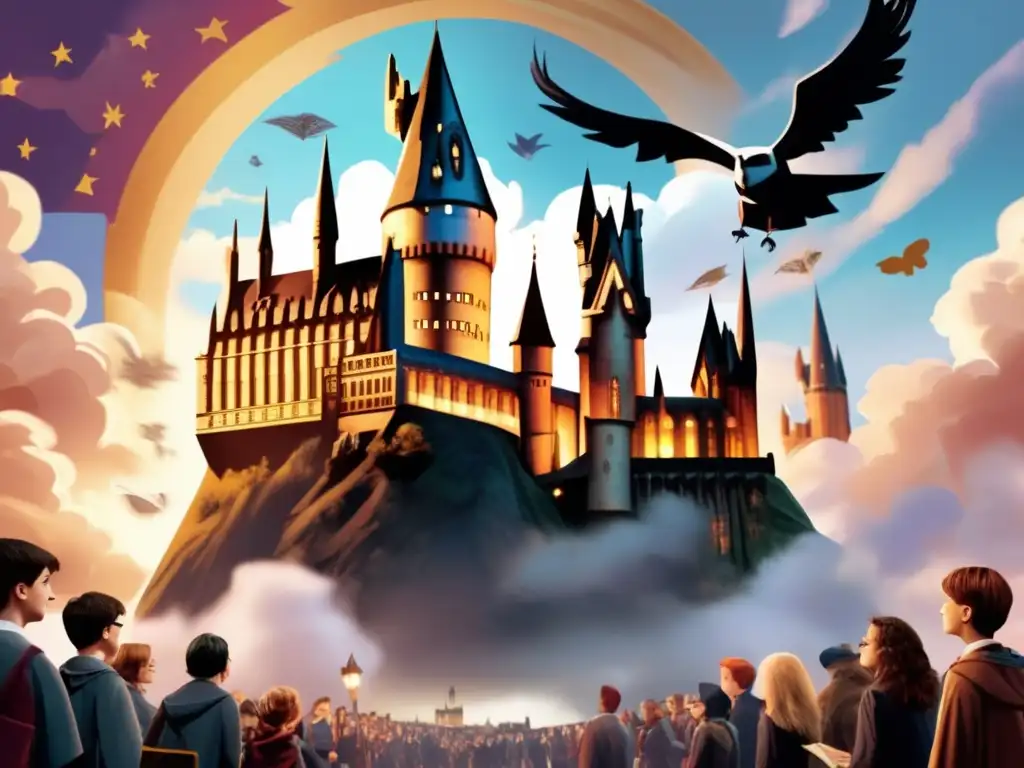 En el primer plano, se encuentra el detallado castillo de Hogwarts, rodeado de nubes y seres místicos