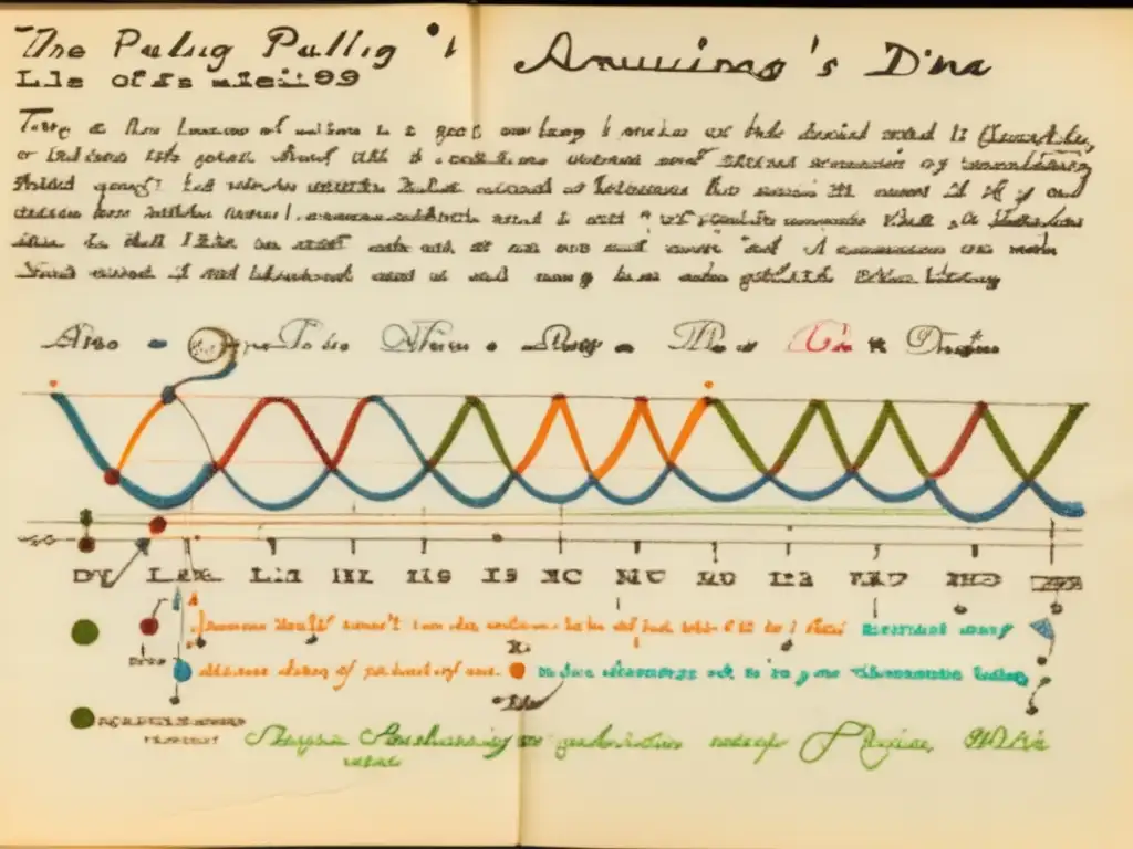 Un primer plano detallado de las notas manuscritas de Linus Pauling sobre la estructura molecular del ADN, mostrando sus meticulosos diagramas y anotaciones en colores vibrantes