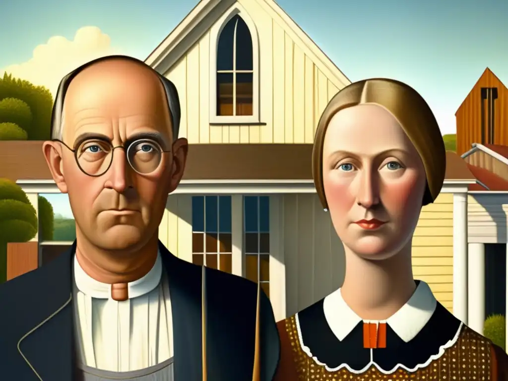 Un primer plano detallado de la icónica pintura 'American Gothic' de Grant Wood, con pinceladas intrincadas y expresiones sutiles de la pareja rural