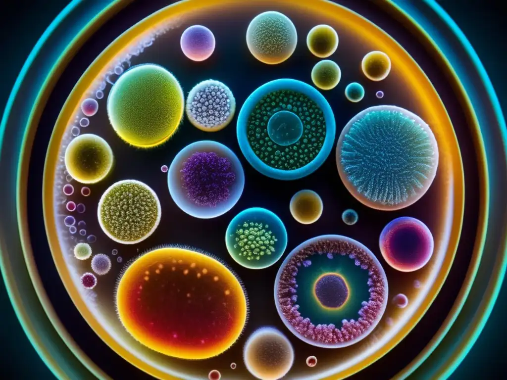 Un primer plano detallado de una placa de Petri llena de colonias de bacterias, destacando los patrones y colores del mundo microbiano