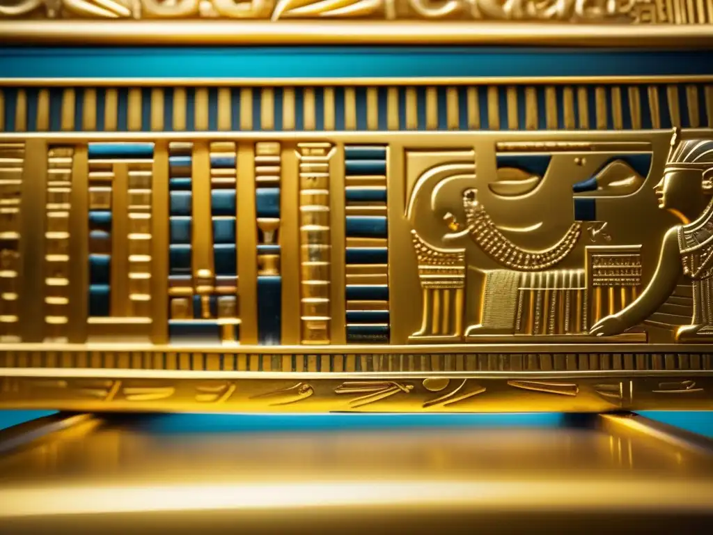Un primer plano detallado del sarcófago dorado de Tutankamón, con intrincadas inscripciones jeroglíficas y artesanía exquisita