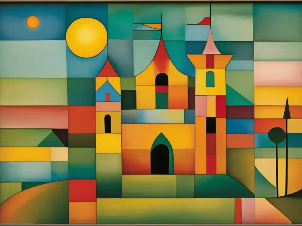 Un primer plano detallado y vibrante de la pintura 'Castle and Sun' de Paul Klee, que muestra líneas intrincadas y colores vibrantes, sumergiendo a los espectadores en el mundo surrealista de la visión artística única de Klee