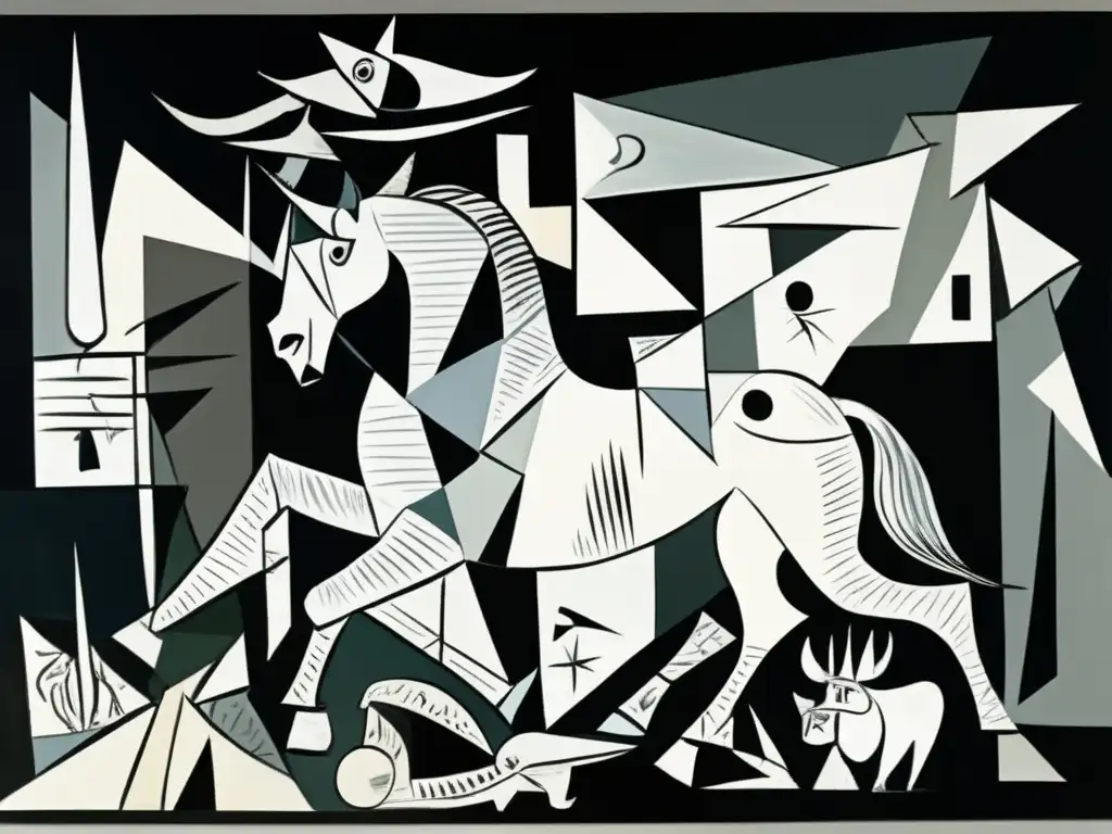 Un primer plano de alta resolución de 'Guernica' de Pablo Picasso, destacando la emoción cruda y los detalles intrincados de la pintura