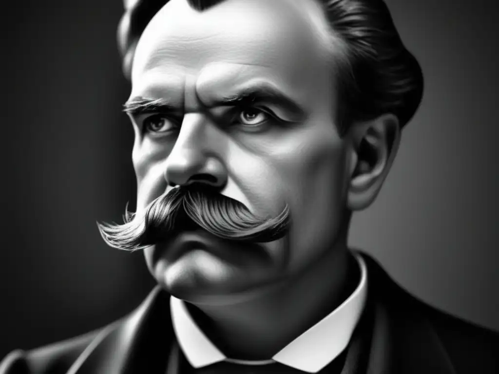 Un primer plano en escala de grises de los intensos ojos de Friedrich Nietzsche, con una mirada profunda y penetrante, acentuada por la iluminación que resalta los contornos de su rostro, expresando su profunda introspección y profundidad intelectual