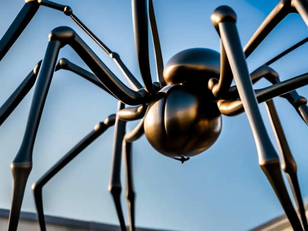 Una fotografía de alta resolución en primer plano de la icónica escultura 'Maman' de Louise Bourgeois, una imponente araña de bronce que destaca por sus detalles delicados e intrincados, capturando la maestría de la artista en forma y textura