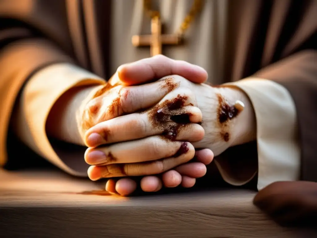 Milagrosas llagas de Padre Pío: retrato impactante de los estigmas Un primer plano de las manos de Padre Pío muestra los estigmas con detalle, en una posición de oración