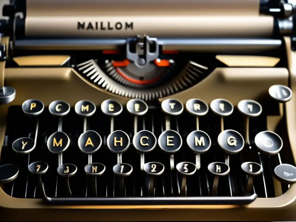 Una fotografía en primer plano de la máquina de escribir de Janet Malcolm, revelando sus detalles desgastados y la iluminación suave que crea sombras dramáticas