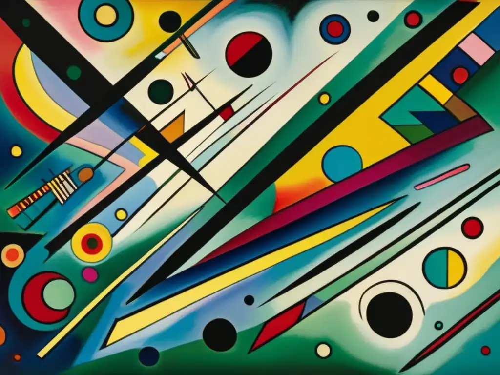 Un primer plano de alta resolución de la pintura 'Composición VII' de Wassily Kandinsky revela pinceladas intrincadas y colores vibrantes que se mezclan para crear una sinfonía abstracta y expresiva