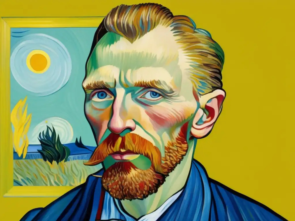 Un primer plano de alta resolución del famoso autorretrato de Vincent Van Gogh, mostrando pinceladas intrincadas y una mirada intensa