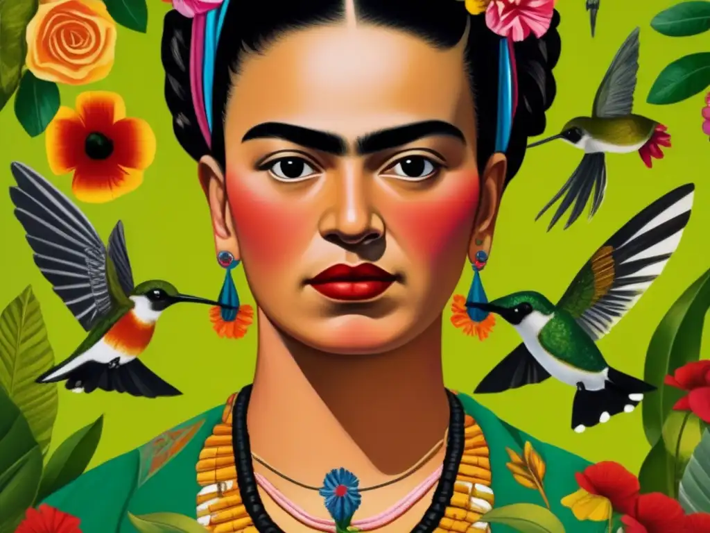 Un primer plano de alta resolución y ultra detallado del icónico autorretrato de Frida Kahlo 'Autorretrato con collar de espinas', muestra los intrincados detalles de su cabello trenzado adornado con flores coloridas, la intensidad de su mirada y las delicadas pinceladas que capturan la turbulencia emocional y la fortaleza de la reconocida artista