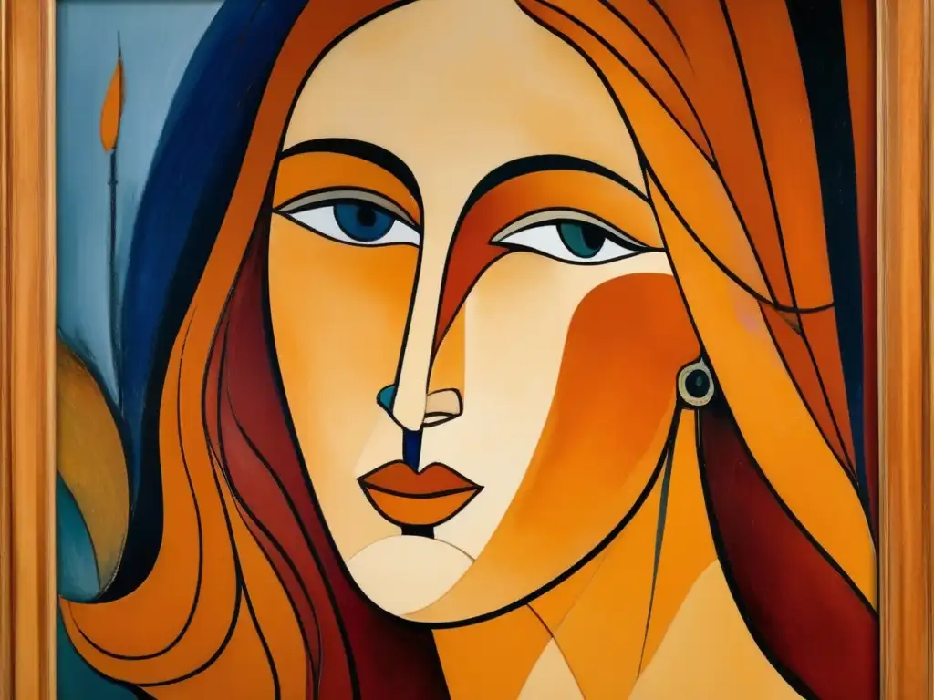 Un primer plano ultradetallado del famoso retrato 'Retrato de Jeanne Hébuterne' de Amedeo Modigliani, resaltando los vibrantes colores, las pinceladas intrincadas y la mirada intensa del sujeto