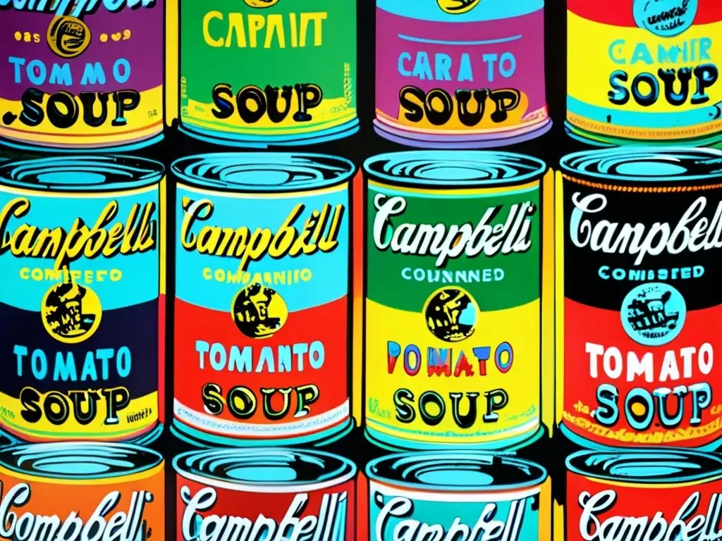 Un primer plano vibrante y detallado de la icónica pintura 'Campbell's Soup Cans' de Andy Warhol, destacando los detalles intrincados de cada lata y los colores vivos que definieron el movimiento del Arte Pop