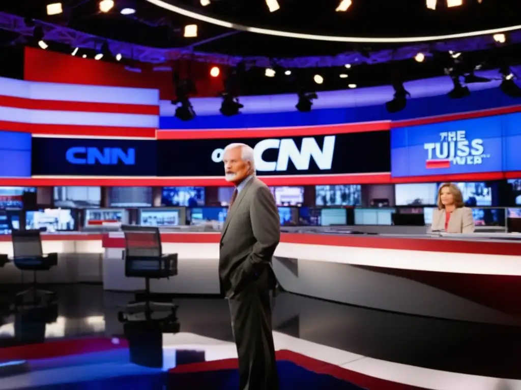Ted Turner en la redacción de CNN, supervisando la primera transmisión en vivo