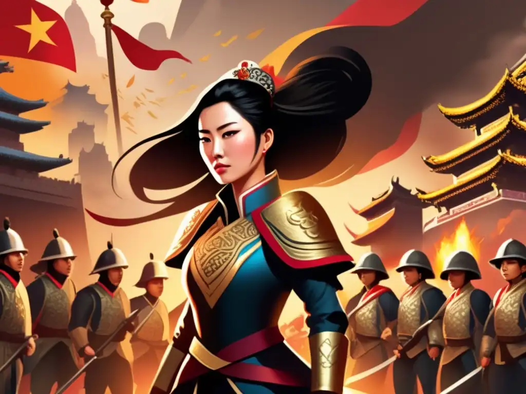 La Princesa Pingyang lidera la revolución - Ilustración digital detallada La Princesa Pingyang lidera a sus soldados en una escena de batalla, su armadura adornada con símbolos de valentía