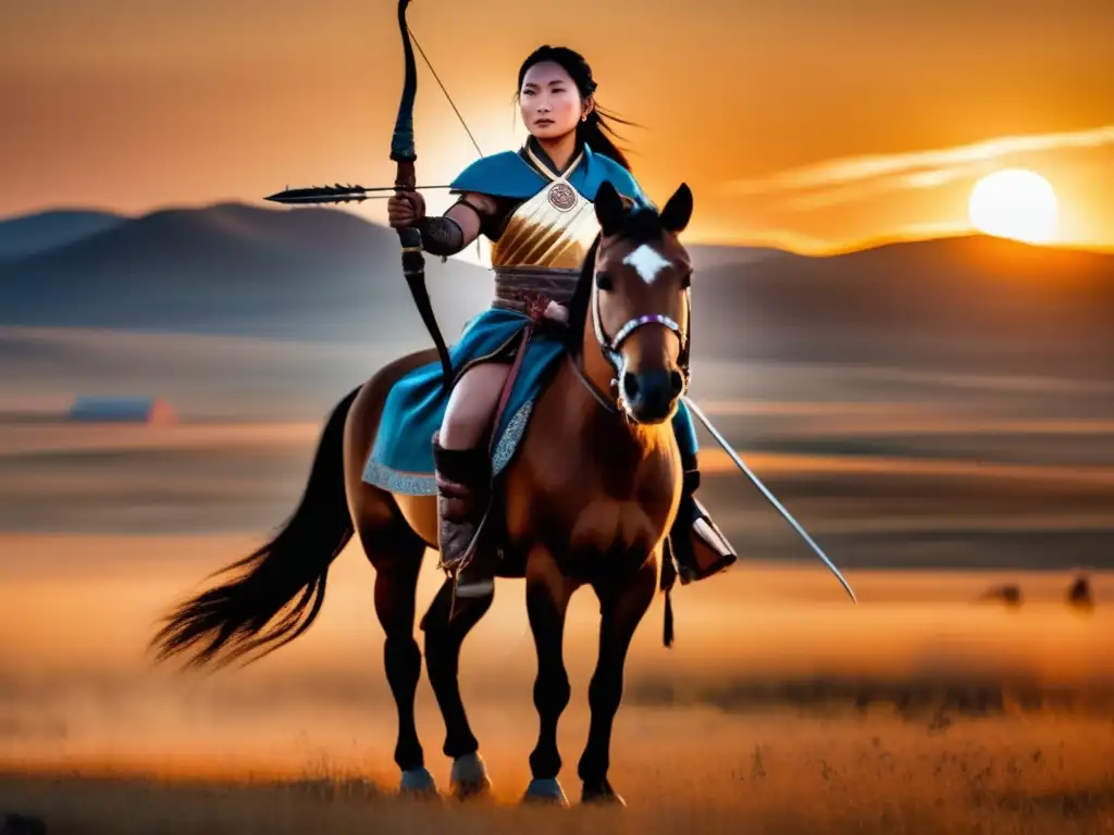 La princesa Khutulun, guerrera mongol, en la vasta estepa con su atuendo tradicional y mirada determinada mientras el sol se pone detrás de ella