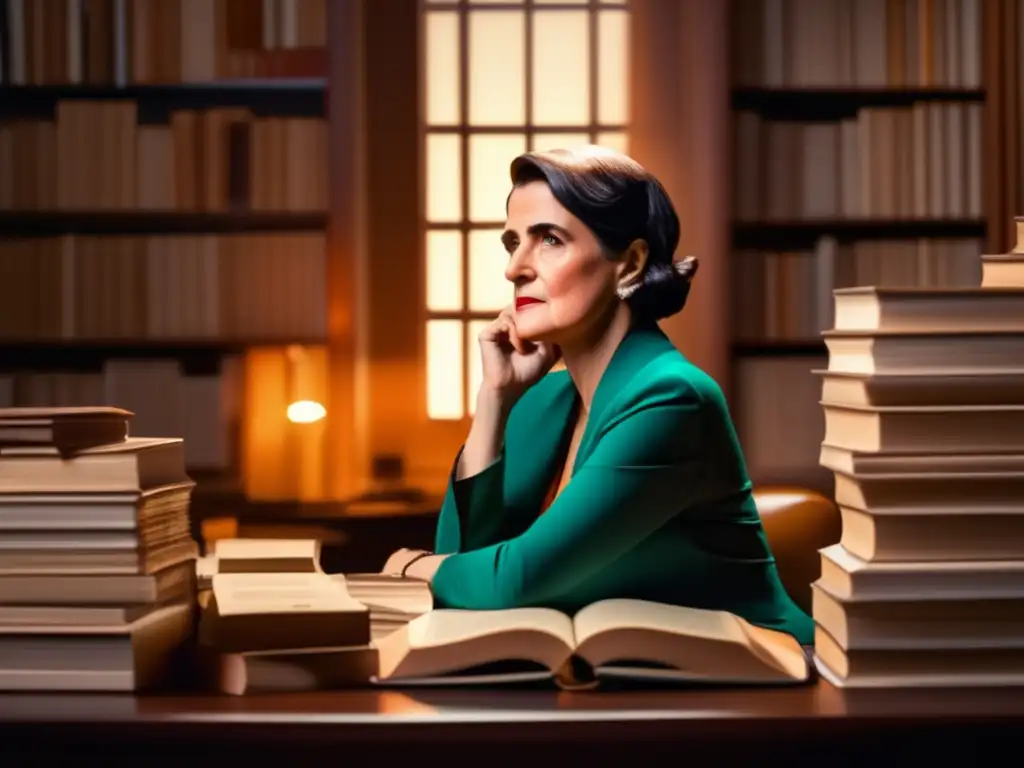 Ayn Rand reflexiona sobre los principios del Objetivismo rodeada de libros, en un ambiente intelectual moderno y luminoso