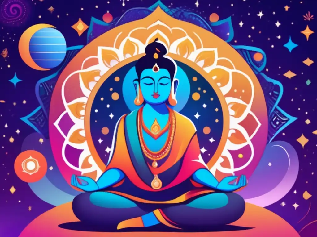 Abhinavagupta en profunda meditación, rodeado de colores vibrantes y patrones geométricos, irradia sabiduría y misticismo
