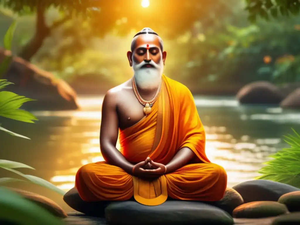 Adi Shankaracharya en profunda meditación, rodeado de exuberante naturaleza