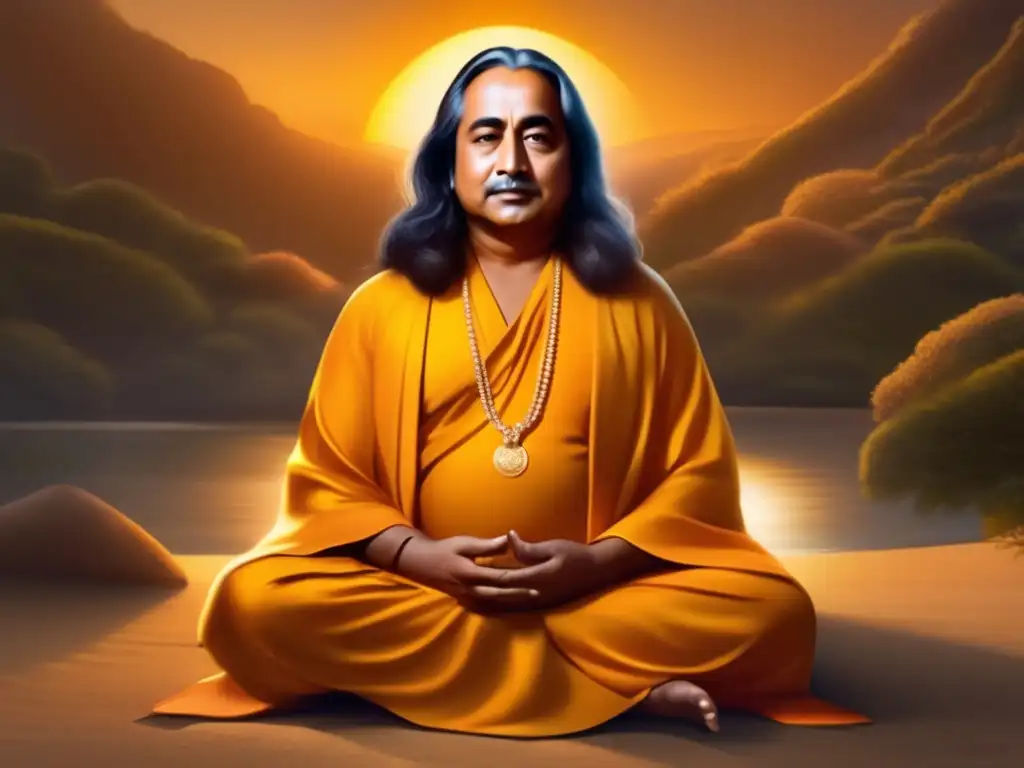 Paramahansa Yogananda en profunda meditación, rodeado de una suave luz dorada