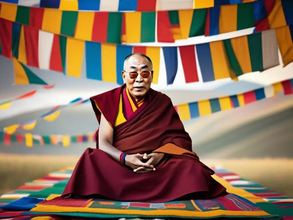 El Dalai Lama en profunda contemplación, rodeado de coloridas banderas tibetanas al viento