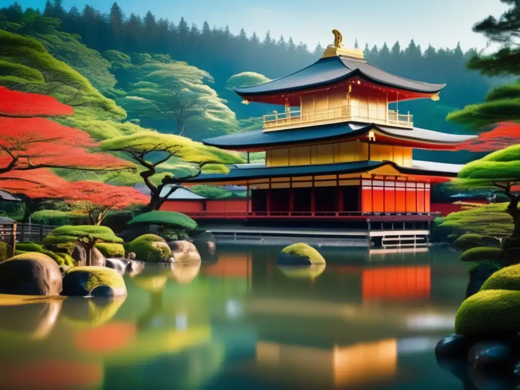 Desde lo profundo de un exuberante bosque, emerge un antiguo templo japonés adornado con rojo y oro, irradiando serenidad y conexión espiritual