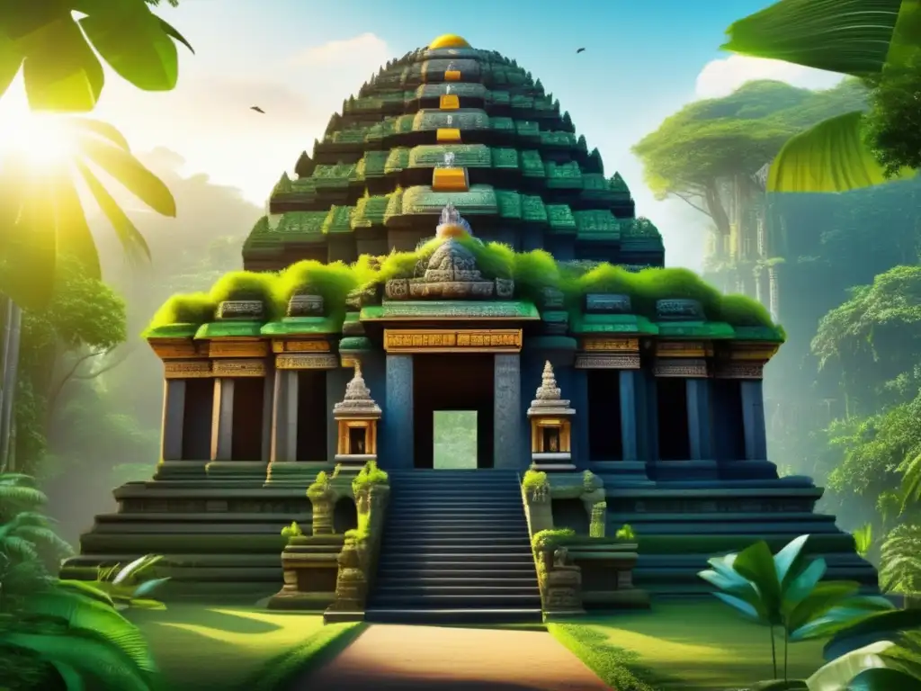 Majestuoso templo de piedra en la selva: legado indígena - En lo profundo de la exuberante jungla, un templo de piedra tallada con escenas de dinastías indígenas, resplandece bajo el sol