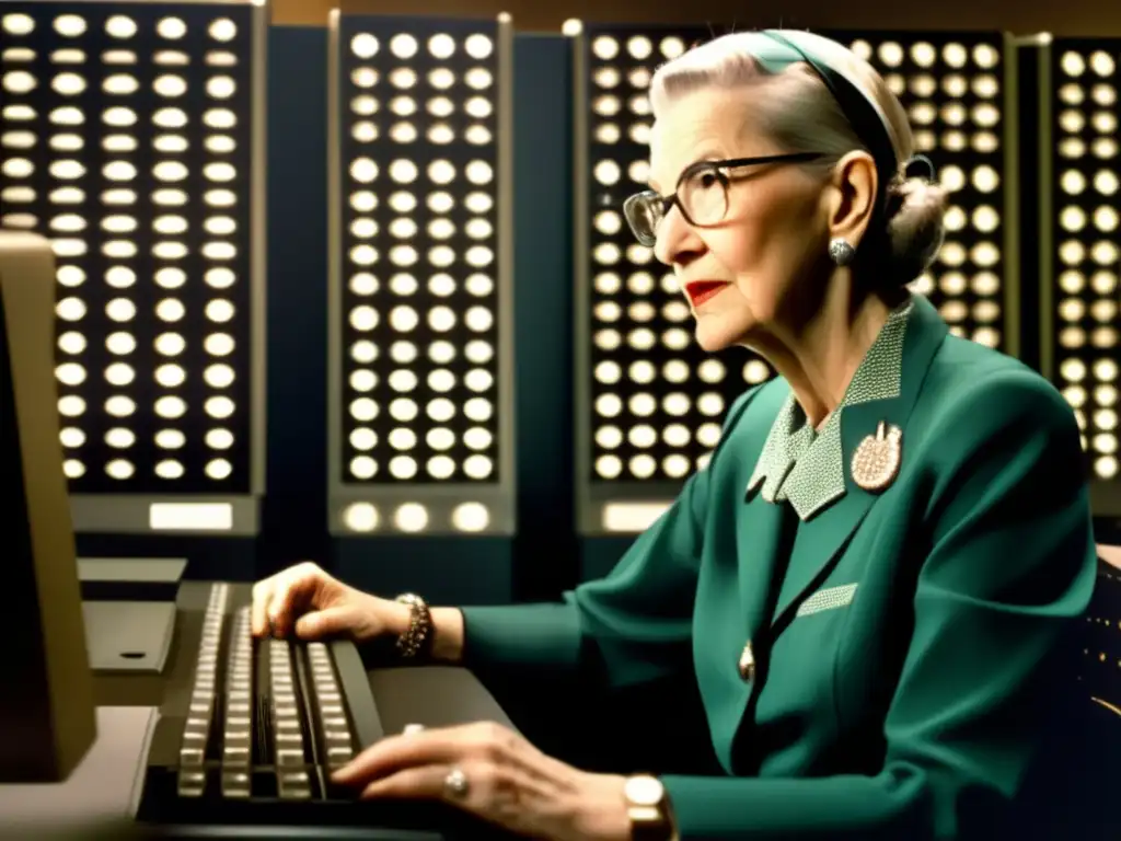 Grace Hopper, pionera de la programación moderna, inmersa en la revolución tecnológica, rodeada de tarjetas perforadas y una computadora principal