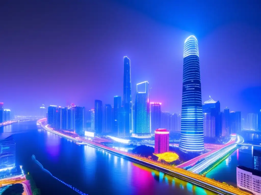 Una próspera ciudad china de noche, con rascacielos iluminados por luces de neón, reflejándose en el río