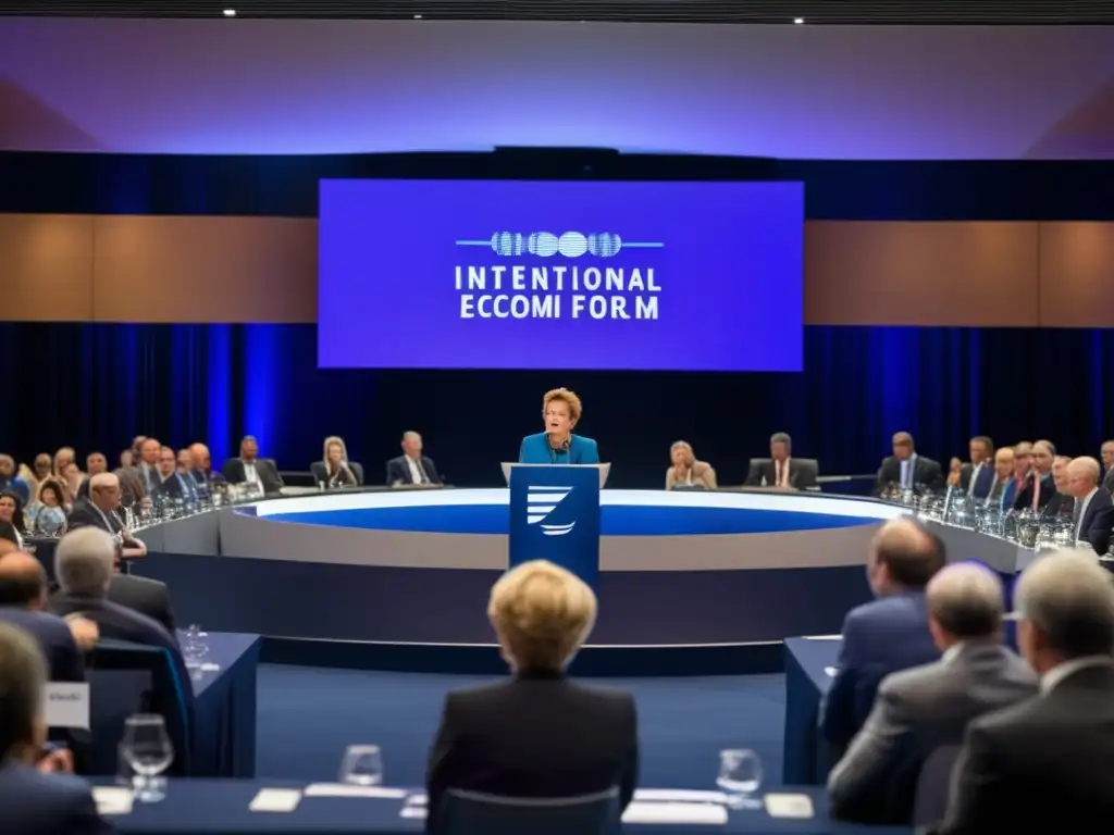 Anne Krueger lucha contra el proteccionismo internacional mientras da un apasionado discurso en un foro económico, rodeada de líderes y expertos