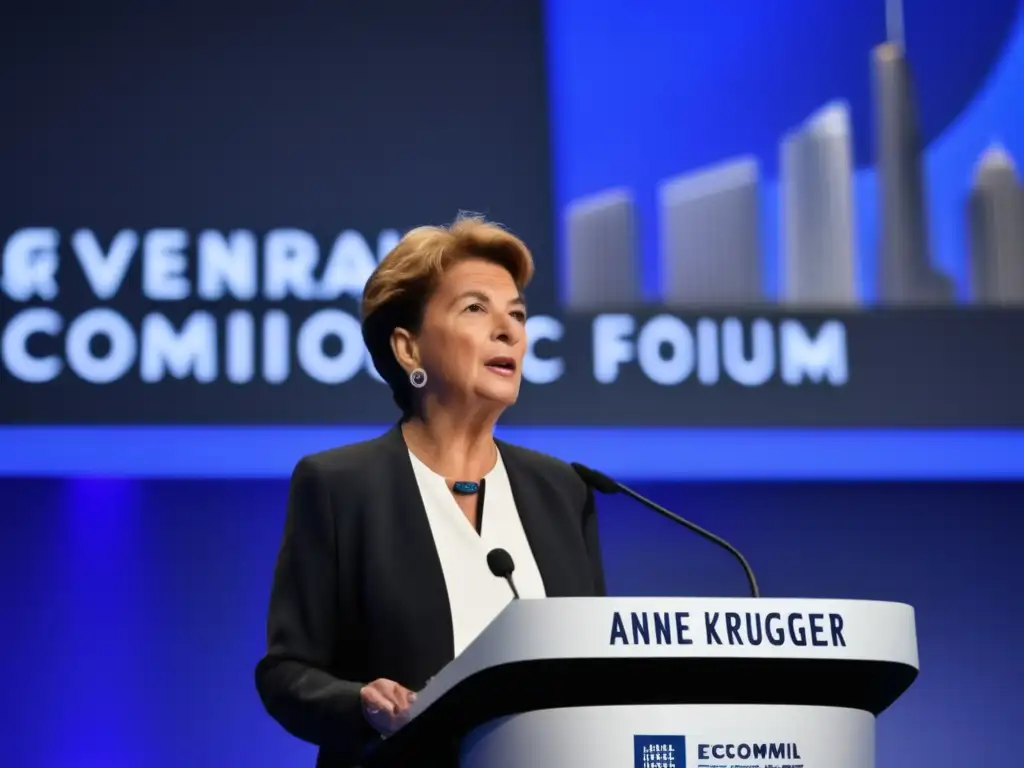 Anne Krueger lucha contra el proteccionismo internacional mientras pronuncia un poderoso discurso en un foro económico internacional, rodeada de rascacielos y una audiencia diversa