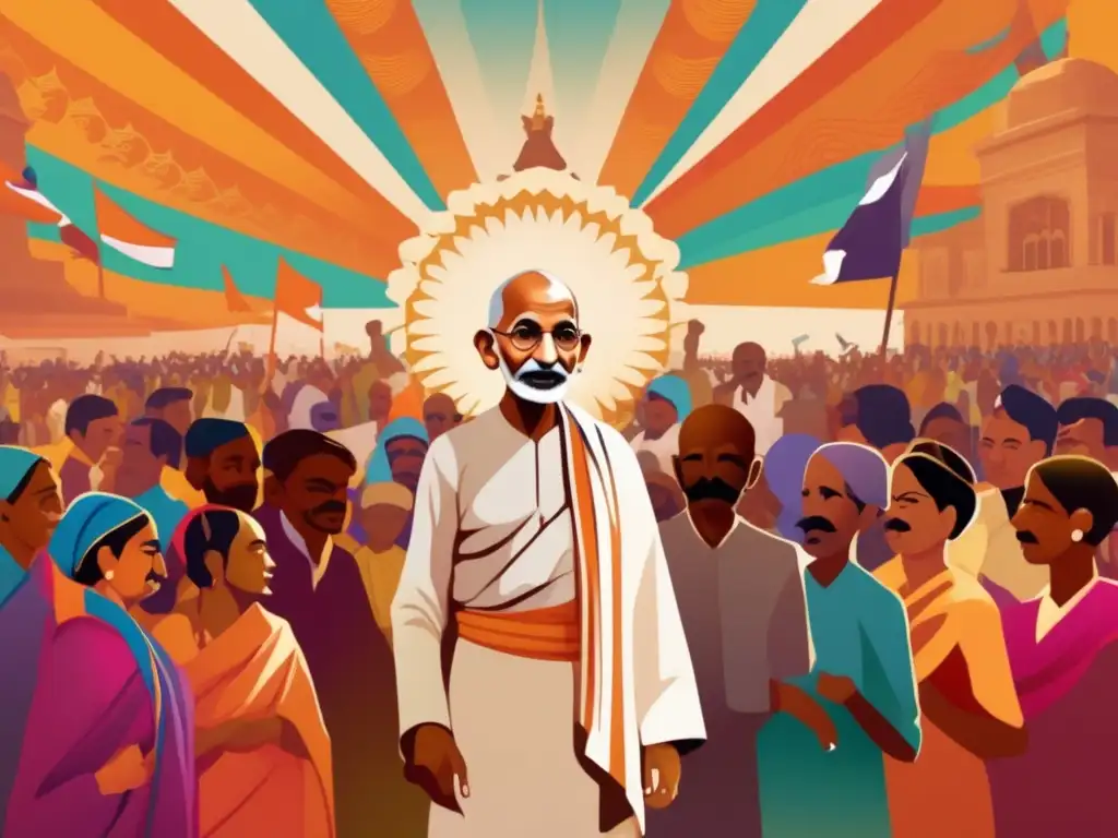 Mahatma Gandhi lidera una protesta pacífica con personas diversas en una obra de arte digital moderna de alta resolución