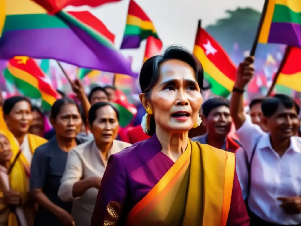 Aung San Suu Kyi lidera una protesta vibrante por la democracia en Myanmar, rodeada de seguidores y sosteniendo un megáfono