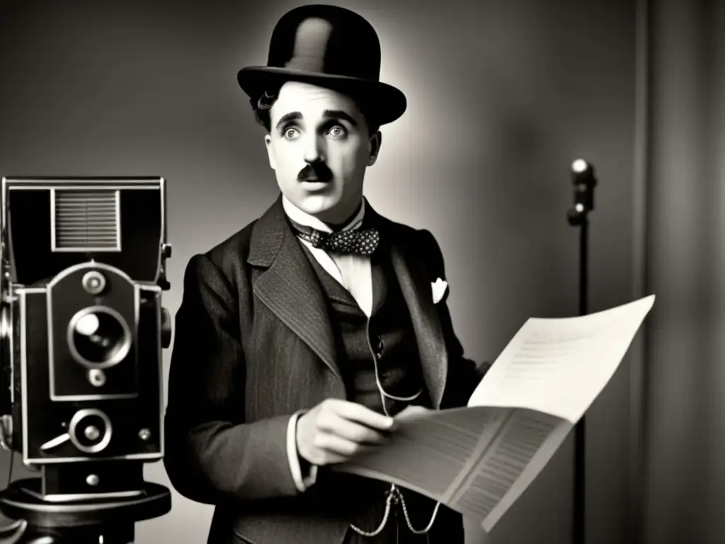 Charlie Chaplin dirige su próxima película en un set de filmación mientras sostiene un guion