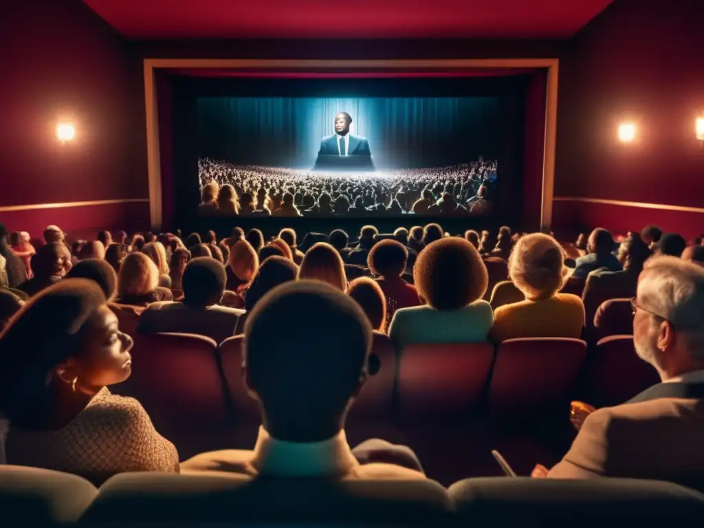 Un público diverso observa con atención un documental biográfico en un teatro oscuro