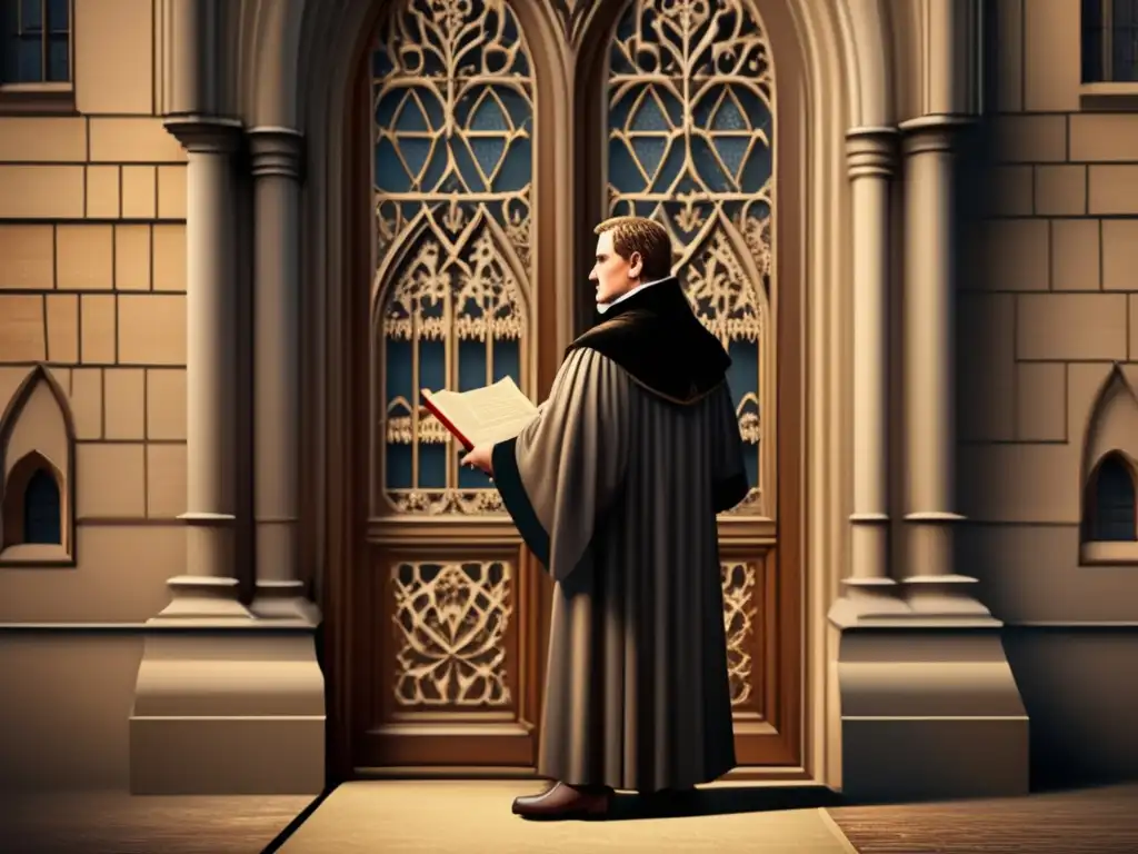 Martin Lutero clava las 95 Tesis: ilustración digital impresionante Martín Lutero en la puerta de la iglesia de Wittenberg, con expresión determinada, listo para clavar sus 95 tesis