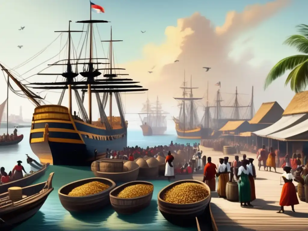 En el puerto colonial bullicioso, grandes barcos esclavistas se cargan mientras barcos mercantes van y vienen