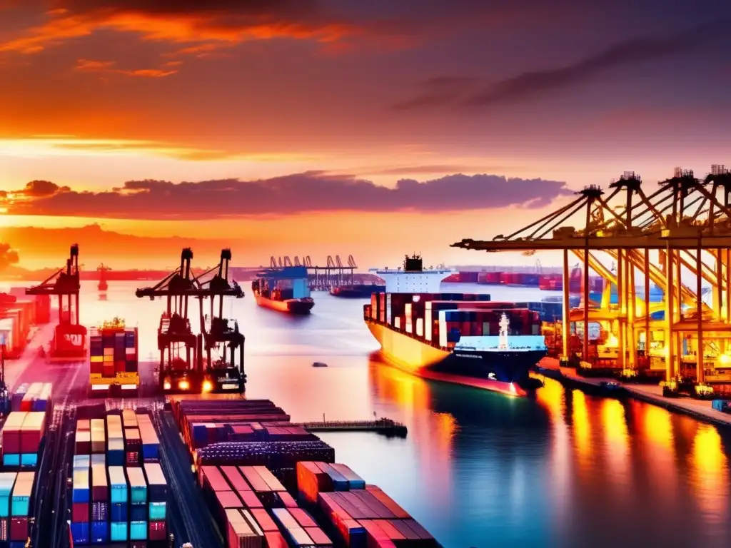 En el puerto internacional, enormes barcos son cargados y descargados por grúas, mientras trabajadores y contenedores llenan los muelles