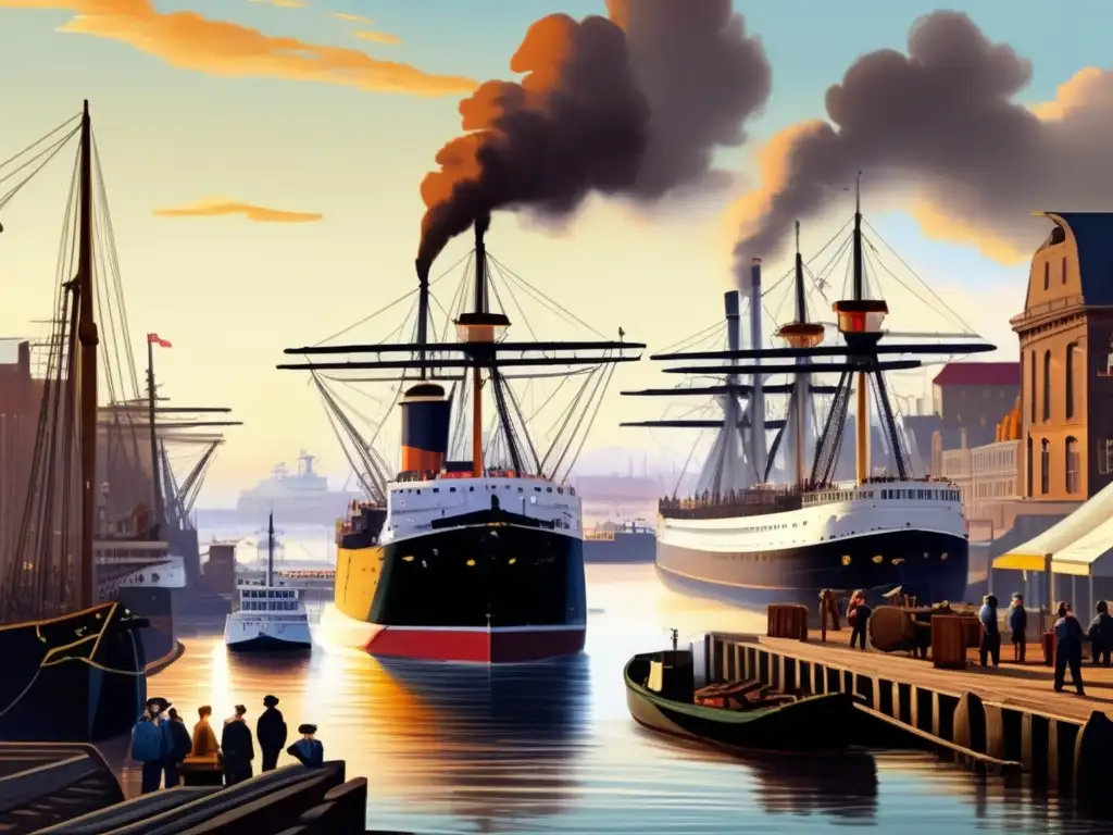 Un puerto del siglo XIX bullicioso con barcos de vapor, trabajadores y carga