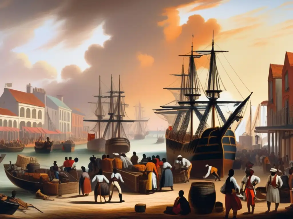 En un puerto del siglo XVIII, los barcos se llenan de mercancías y esclavos, mientras mercaderes negocian