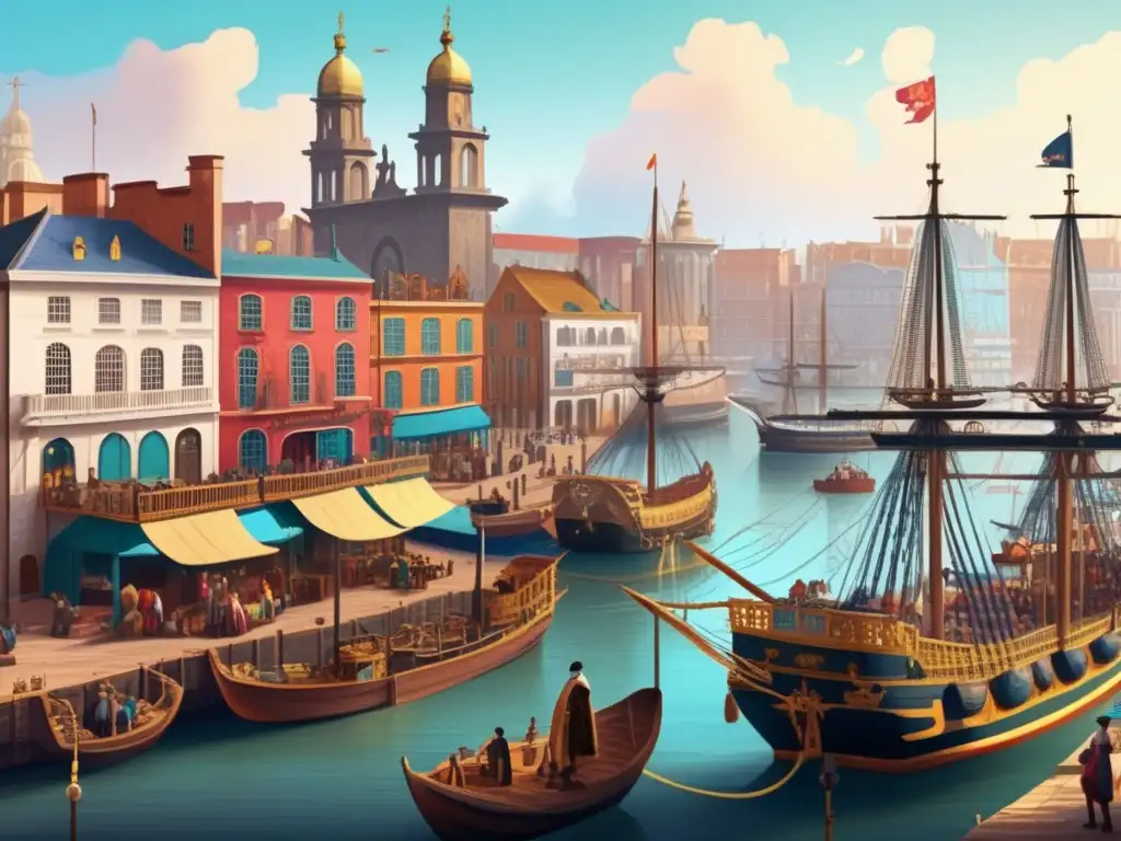 Un puerto del siglo XVIII bullicioso y colorido, con barcos, comerciantes y personas siendo desembarcadas