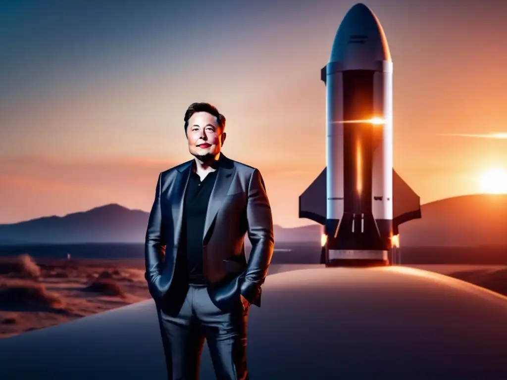 A la puesta de sol, Elon Musk se ubica frente a un cohete de SpaceX, irradiando determinación