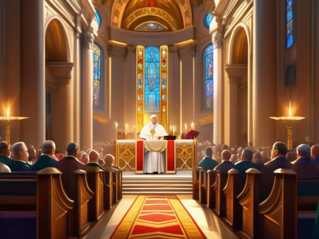 Desde el púlpito de la Basílica de San Pedro, el Papa Gregorio I el Grande biografía da un poderoso sermón bajo la cálida luz de los vitrales