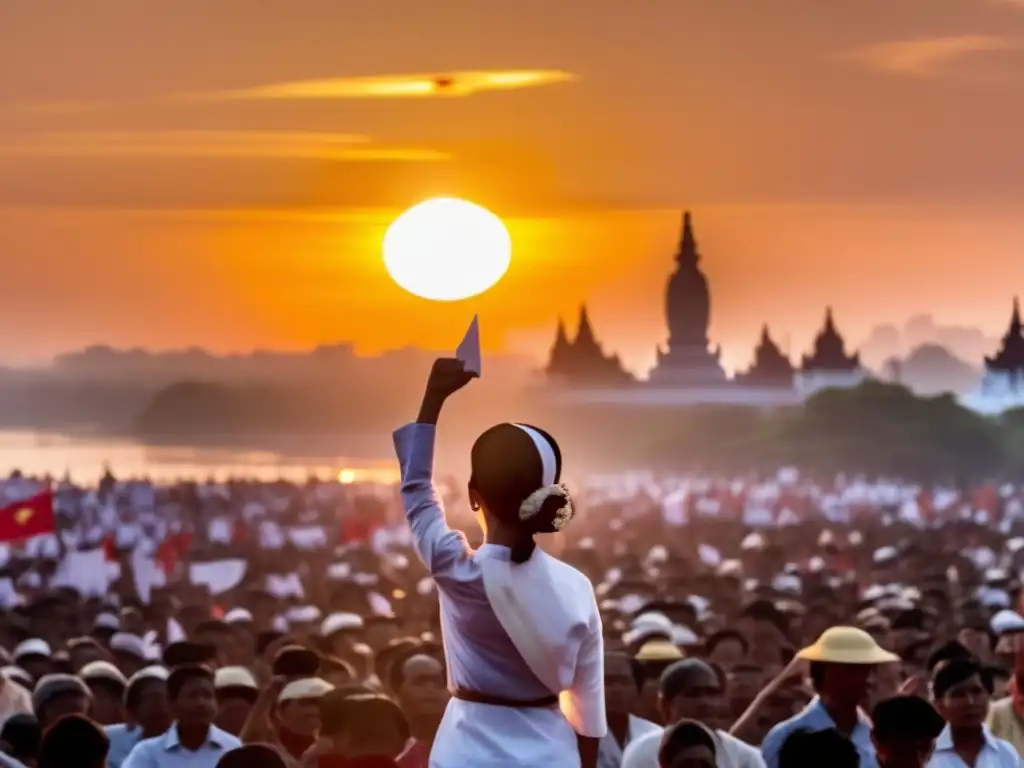 Aung San Suu Kyi, con el puño en alto, frente a una multitud de manifestantes pacíficos con pancartas por la democracia