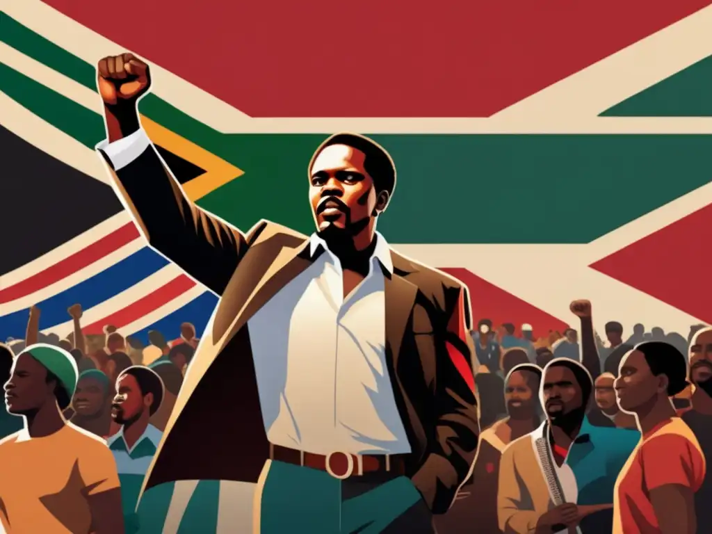 Steve Biko lidera con su puño en alto el movimiento de conciencia negra, rodeado de manifestantes y la bandera sudafricana