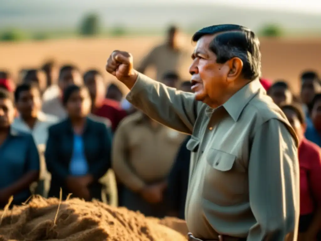 César Chávez levanta el puño en defensa de los trabajadores agrícolas, rodeado de un público unido en los campos