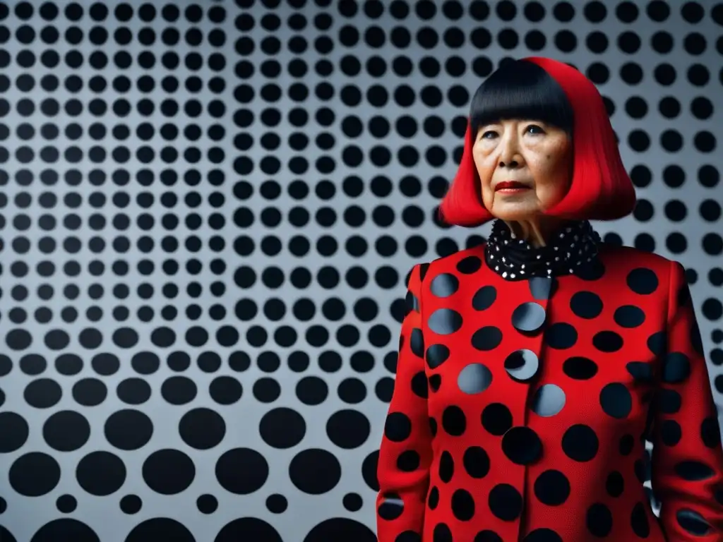 Una fotografía de alta resolución de Yayoi Kusama aplicando meticulosamente puntos a una de sus icónicas obras de arte