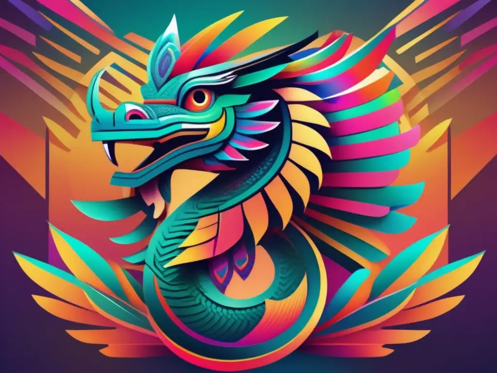 Un Quetzalcoatl moderno, vibrante y dinámico, con plumas iridiscentes y patrones geométricos