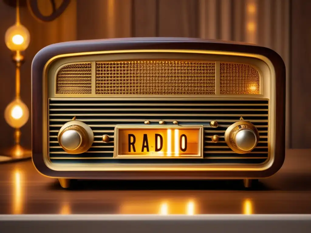 Un radio vintage con detalles dorados en una mesa de madera, iluminado por una suave luz cálida