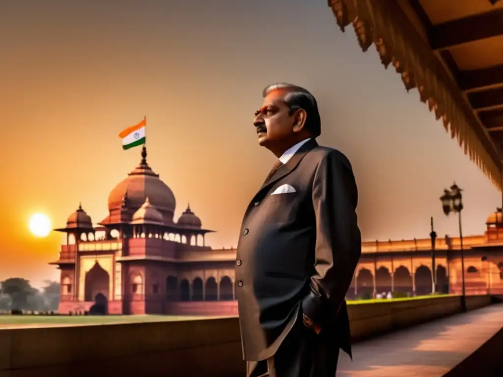Rajendra Prasad, presidente de India, con visión constitucional, frente al Parlamento, iluminado por la cálida luz del atardecer
