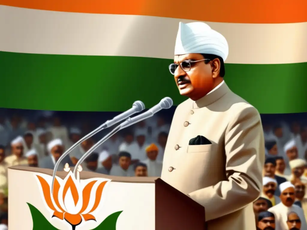 Rajendra Prasad presidente India visión constitucional habla apasionadamente ante la Asamblea Constituyente, bandera india de fondo